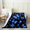 Soft flannel blanket featuring vibrant blue butterfly digital print on black background - Blue Butterfly Pattern / 70x100cm