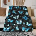 Dreamy blue butterfly and dandelion print flannel blanket draped on a cozy modern sofa - Blue Butterfly and Dandelion Pattern / 70x100cm