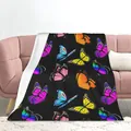 Soft flannel blanket featuring colorful butterfly digital print on black background. - Colorful Butterfly Pattern / 70x100cm