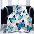Cozy soft flannel throw blanket with blue butterfly print on grey floral pattern - 70x100cm / Mandala Blue Butterfly (White Base)