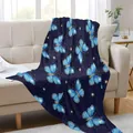 Soft navy flannel throw blanket featuring glowing blue butterflies and gold stars. - Blue Butterfly Pattern (11) / 70x100cm