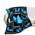 Soft flannel blanket with blue butterfly and galaxy digital print design - Blue Butterfly Frame Style / 70x100cm / Black