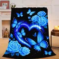 Dreamy blue butterfly and rose print flannel blanket for bedroom and living room decor - Blue Butterfly Pattern / 70x100cm