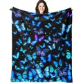 Vibrant blue butterfly pattern flannel blanket with soft texture and digital print - Blue Purple Butterfly Star Pattern (18) / 70x100cm / Black