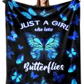 Soft black flannel blanket featuring vibrant blue butterfly prints and artistic quote - Girl Butterfly Pattern (20) / 70x100cm