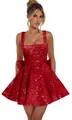 Splendido abito corto di paillettes rosse con scollo quadrato e dettaglio fiocco. - US4 / Top E Pantaloni / Rosso