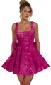 Elegante mini abito con paillettes rosa shocking e fiocco decorativo sul retro - US4 / Top E Pantaloni / Rosso rosa