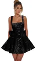 Elegante mini abito da cocktail nero con paillettes e fiocco grande per compleanni - US4 / Top E Pantaloni / Nero
