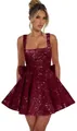 Abito corto da festa con paillettes rosso vino, scollo quadrato e fiocco decorativo - US4 / Top E Pantaloni / Borgogna