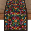 Mexican folk art floral table runner for Day of the Dead and Halloween decoration - Black Folk Floral Print (Style-11) / 183x33cm