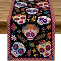Mexican Day of the Dead table runner with sugar skull floral prints for Halloween - Black Colorful Skull Floral (Style-12) / 183x33cm