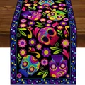 Mexican Day of the Dead table runner featuring vibrant flower skull prints for Halloween - Neon Skull Marigold (Style-16) / 183x33cm