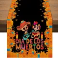 Mexican Day of the Dead table runner with floral skull print for Halloween - Black Orange Skull Musician (Style-13) / 183x33cm