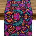 Vibrant Mexican floral print table runner perfect for Halloween and Day of the Dead home decor - Dark Purple High Saturation Floral (Style-10) / 183x33cm