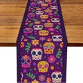 Vibrant purple Mexican sugar skull and flower print table runner for Day of the Dead decor. - Dark Purple Sugar Skull (Style-19) / 183x33cm