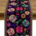 Mexican Sugar Skull Floral Table Runner for Day of the Dead Halloween Party Decoration - Colorful Sugar Skull Print (Style-22) / 183x33cm