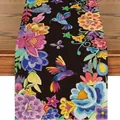Vibrant Mexican floral and hummingbird print table runner for Day of the Dead home decor - Black Natural Floral Bird (Style-23) / 183x33cm