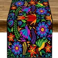 Vibrant Mexican floral and bird print table runner on black background for holiday decor. - Otomi Folk Style Floral Bird (Style-2) / 183x33cm
