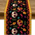 Colorful Mexican sugar skull table runner for Day of the Dead festive table decoration - Black Mexican Folk Art (Style-3) / 183x33cm