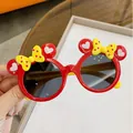 Cute children's red round sunglasses with yellow polka dot bows and iconic ears - Red