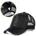 Berretto da baseball nero glitterato con foro per coda di cavallo alta e rete - Adulto, Circonferenza del cappello 58cm regolabile / Stile Coda di Cavallo a 5 Pannelli / Nero