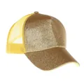 Vista dettagliata della texture glitter oro e del retro in mesh giallo del cappellino. - Adulto, Circonferenza del cappello 58cm regolabile / Stile Coda di Cavallo a 5 Pannelli / Giallo Oro