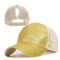 Cappello trucker glitterato oro per coda alta con rete traspirante e cinturino regolabile - Adulto, Circonferenza del cappello 58cm regolabile / Stile Coda di Cavallo Alta / Giallo Oro