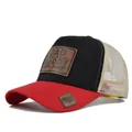 Red and black mesh trucker baseball hat with embossed Daddy slogan leather patch detail - Adjustable / Red & Black (Beige Mesh)