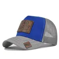Blue and grey mesh trucker hat featuring a DAD in the streets leather patch and mesh back - Adjustable / Light Gray & Blue (Gray Mesh)
