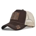 Brown and white mesh trucker hat featuring a DAD leather patch and adjustable strap - Adjustable / Coffee & Beige Mesh