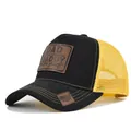 Stylish black and yellow mesh trucker hat featuring a humorous DAD DADDY leather patch - Adjustable / Black with Yellow Mesh