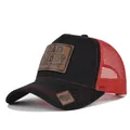 Black and red mesh trucker hat featuring humorous DADDY leather patch and USA map detail - Adjustable / Black & Bright Red Mesh