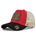 Professional red and black trucker hat featuring DAD leather patch and breathable beige mesh back - Adjustable / Black & Red (Beige Mesh/Red Stitch)