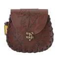 Detailed front view of brown steampunk leather waist bag with leaf pattern and potion bottle. - Brown