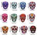 Set of 12 colorful wooden Mexican sugar skull ornaments with dimensions - Style C / 12pcs Set