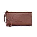 Macro view of a brown faux leather long wallet showing the wristlet and logo texture - Simple Style / Brown