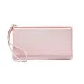 Close-up of a pink faux leather long wallet with wrist strap and embossed lettering - Simple Style / Pink