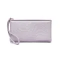 Elegant lavender long clutch wallet with a wrist strap and embossed logo on white background - Simple Style / Purple