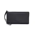 Detail view of a black long women's wallet with a wrist strap and embossed logo. - Simple Style / Black