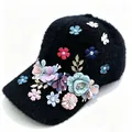 Close-up of black fuzzy baseball cap with colorful 3D flower and rhinestone decorations - Flower Black / Adult, Hat Circumference 58cm Adjustable