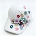 Close-up detail of plush fabric texture and colorful floral embellishments on baseball cap - White with Flower / Adult, Hat Circumference 58cm Adjustable