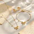Elegant 18K gold-plated bow jewelry set including necklace, bracelet, and stud earrings - Bead Bowknot 3-Piece Set / Gold