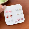 Set di 6 paia di piccoli orecchini a lobo con motivi a fiore mela e cuore eleganti - Set da 6 paia / KTS12 Petali di Mela Rossa