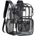 Mochila de PVC transparente de alta resistencia con correas negras y múltiples bolsillos. - Borde Negro