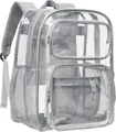 Vista detallada de la mochila de PVC transparente de alta resistencia con bolsillos - Borde gris