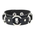 Bracciale in ecopelle nera stile punk con ciondoli a forma di teschio d'argento e borchie deco - Stile Teschio (01) / Nero