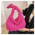 Vibrant hot pink puffy bubble grid quilted shoulder bag for women with minimalist style - Rose Red
