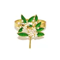 Close-up of gardenia napkin ring with green enamel leaves and pearls. - Gold