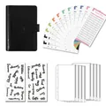 A6 Budget Binder Set in schwarzer Krokodillederoptik mit Aufklebern und Blättern - A7 (Druckknopf, siehe Detailbilder) / Schwarz (8 Reißverschlusstaschen + Budgetblätter + englische Aufkleber)