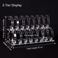 Two-tier transparent acrylic watch display stand with detailed dimensions and C-rings - Large 2-Tier 16-Slot